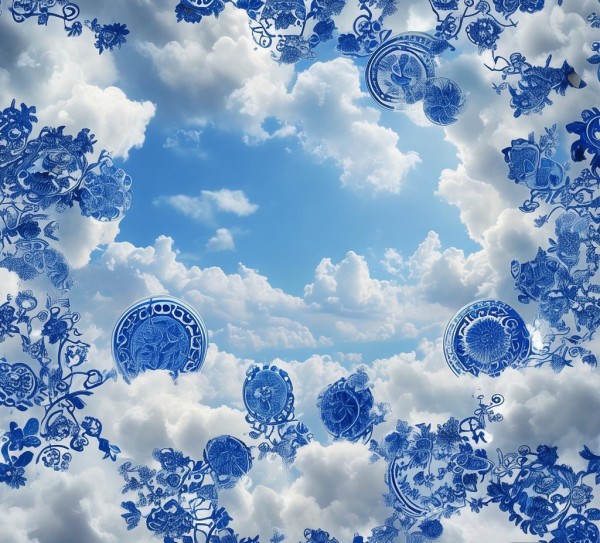 景泰蓝与云朵的璀璨拼凑图